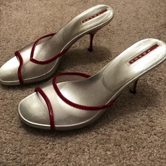 Prada Shoes - Prada vintage silver and red slip on heels 38